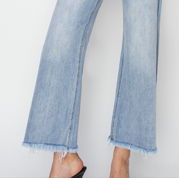 RISEN High-Rise Waist Pants Wide Leg Cropped Frayed Hem Boyfriend Denim Jeans - Picture 13 of 15